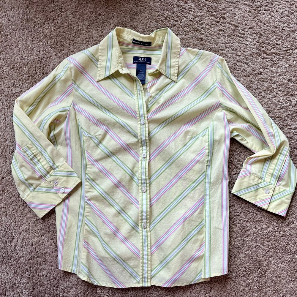 Crazy Horse Yellow Green and Pink Striped Button Up 3/4 Sleeve